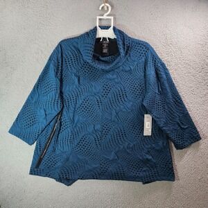 $74‎ NEW Ali Miles Top Women 1X Turtle Neck Stretch Polka Dot Dark Teal Blue
